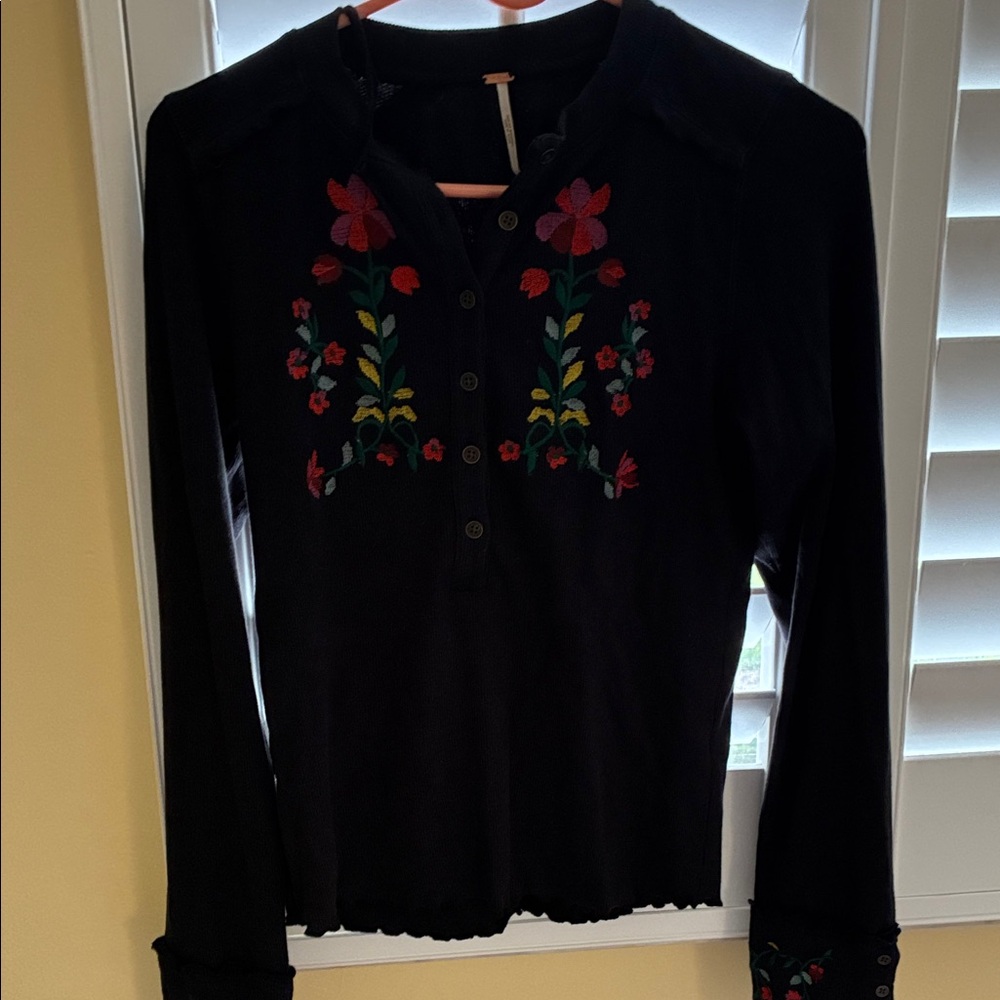 Free People Black Long Sleeve Henley with Multicolor Floral Embroidery